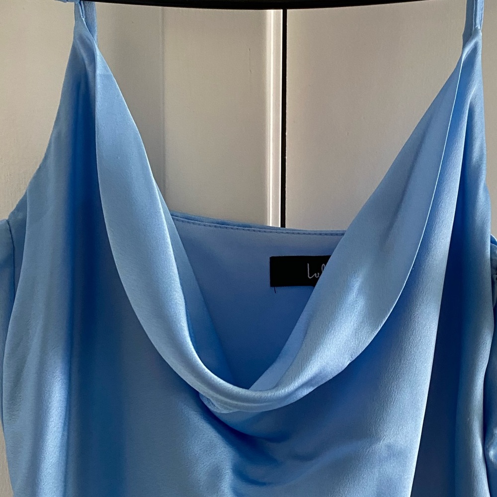 Lulus Formal Invitation Light Blue Satin Cowl Neck Maxi Dress in Size XS, M - Picture 6 of 7
